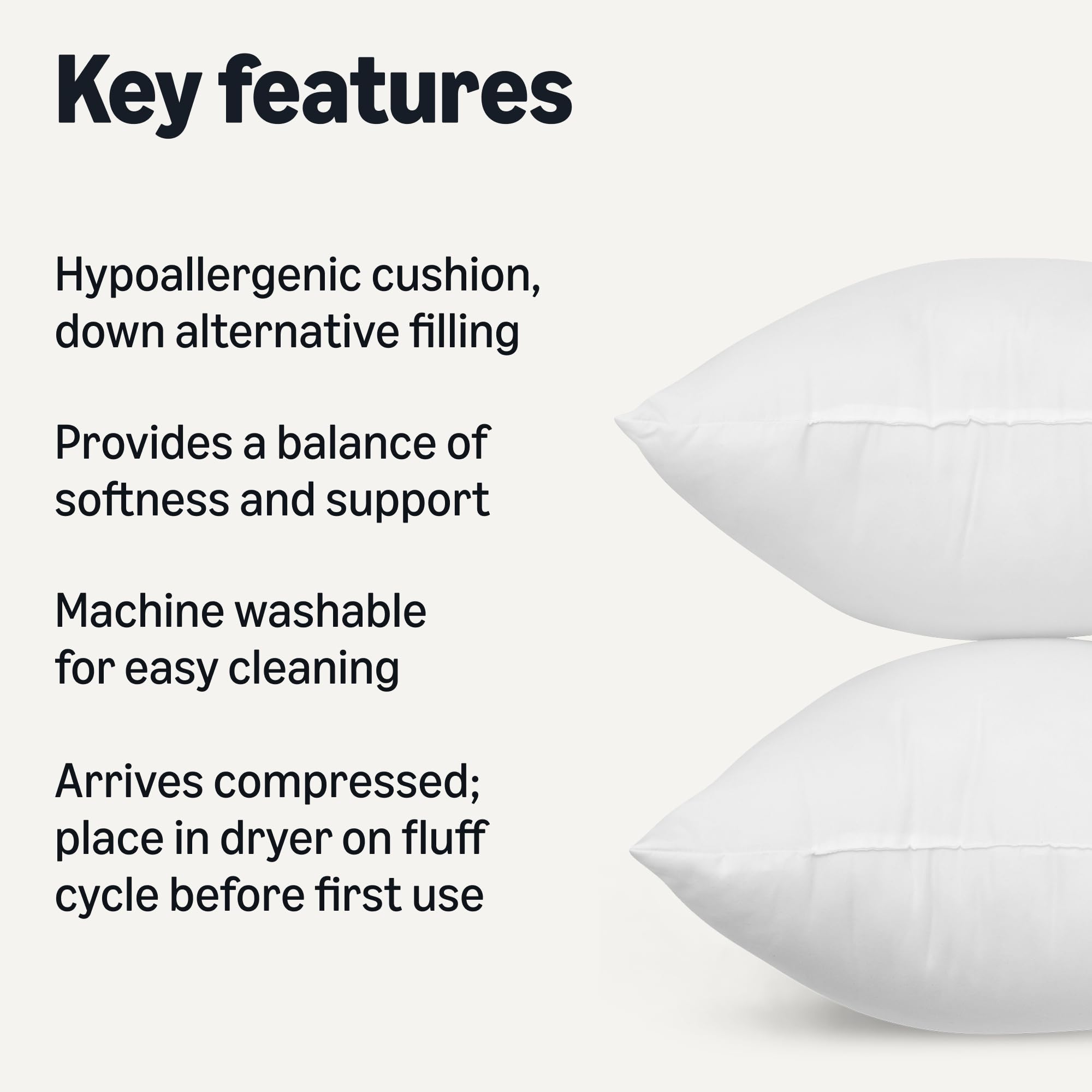 Amazon Basics hypoallergenic down-alternative fill provides fluffy comfort for decorative cushions.