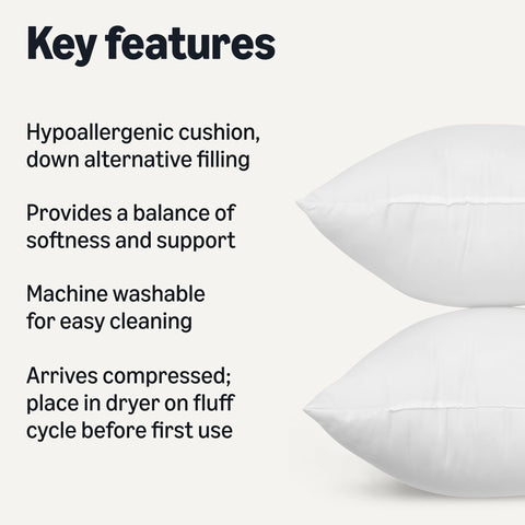Amazon Basics hypoallergenic down-alternative fill provides fluffy comfort for decorative cushions.