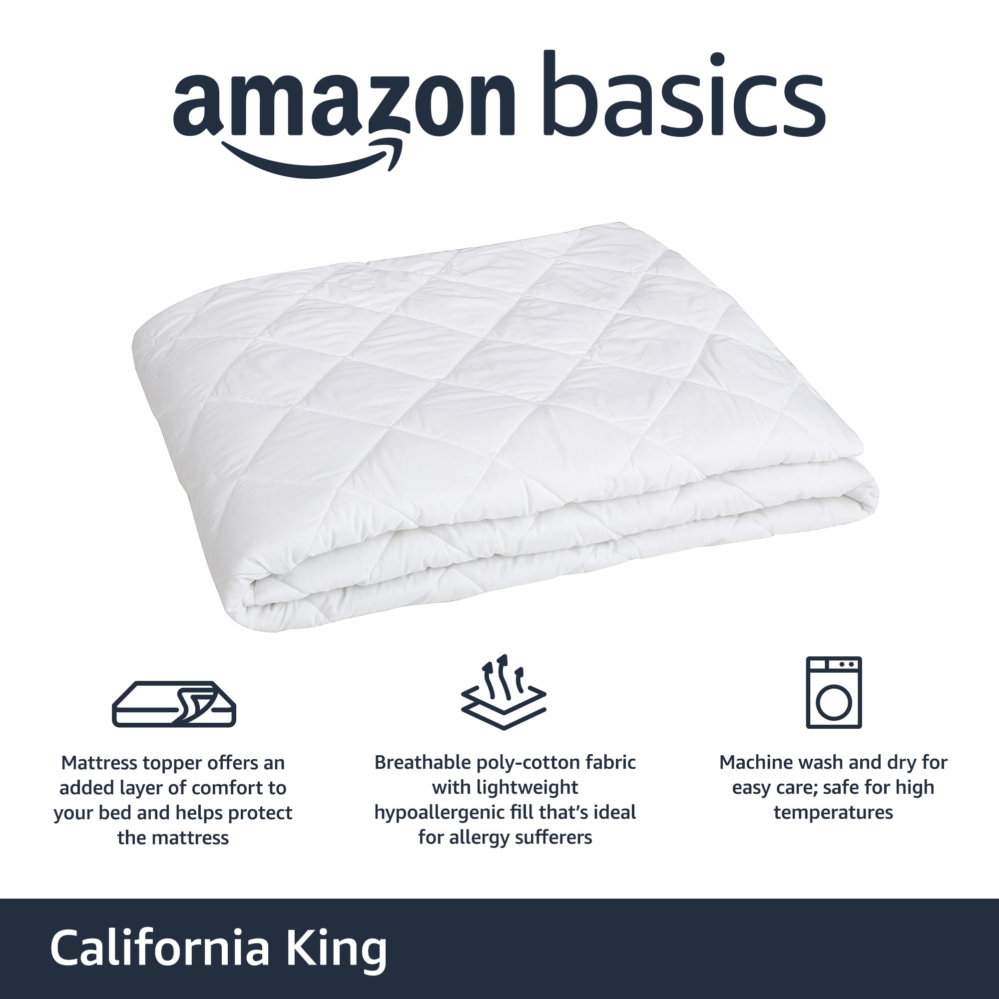 Amazon Basics hypoallergenic quilted topper elastic-fit demonstrates secure mattress attachment