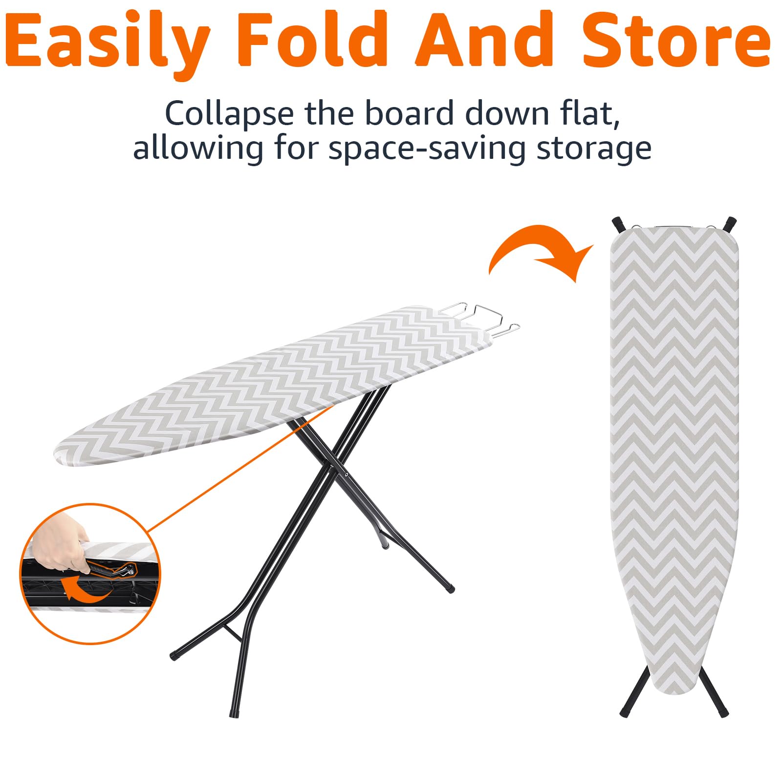 Amazon Basics ironing board with four legs folded up for stability during ironing