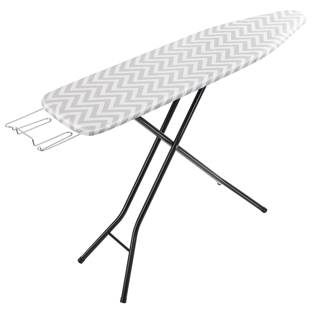 Amazon Basics full-size ironing board in use with open legs for sturdy pressing