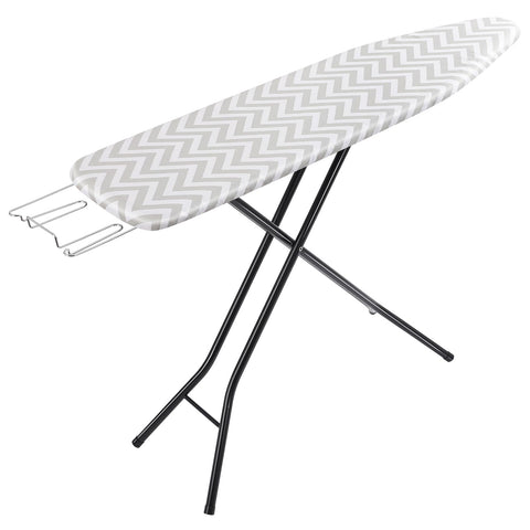 Amazon Basics full-size ironing board in use with open legs for sturdy pressing
