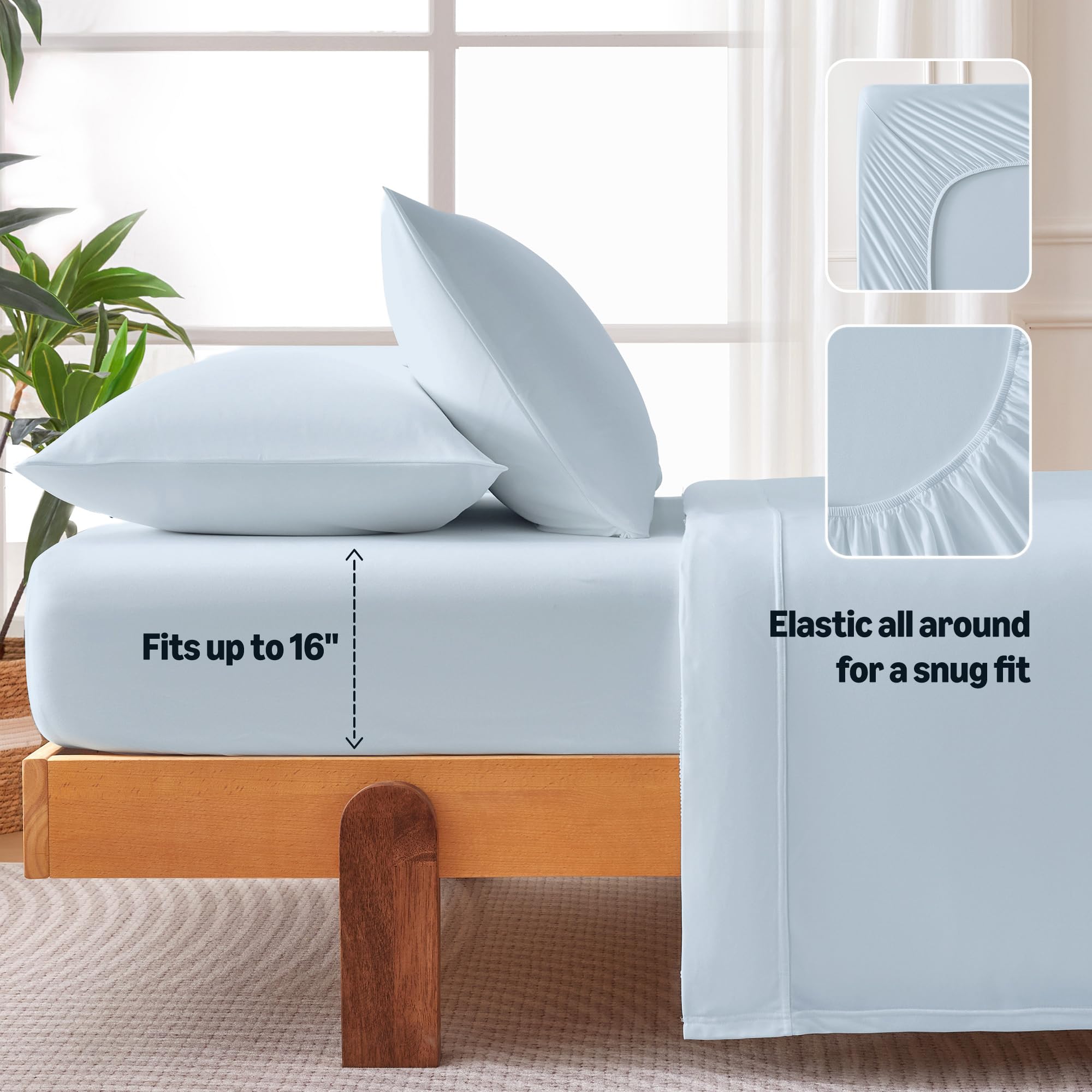 Amazon Basics deep-pocket fitted sheet keeps sheets in place