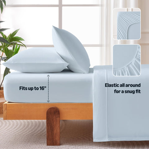 Amazon Basics deep-pocket fitted sheet keeps sheets in place