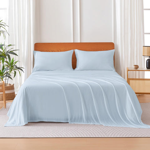 Amazon Basics blue fitted sheet with 16-inch deep pockets for secure mattress fit