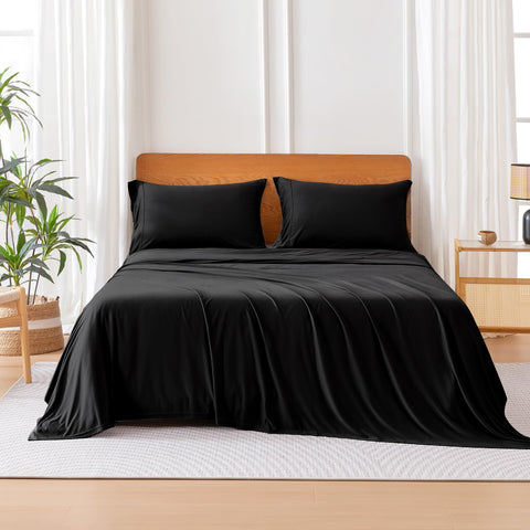 Amazon Basics jersey-knit queen fitted sheet in black provides a secure 16-inch pocket fit