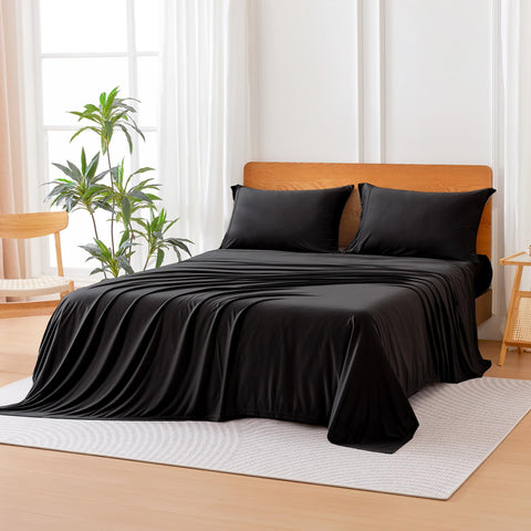 Amazon Basics jersey-knit queen flat sheet in black with a soft cotton-like feel