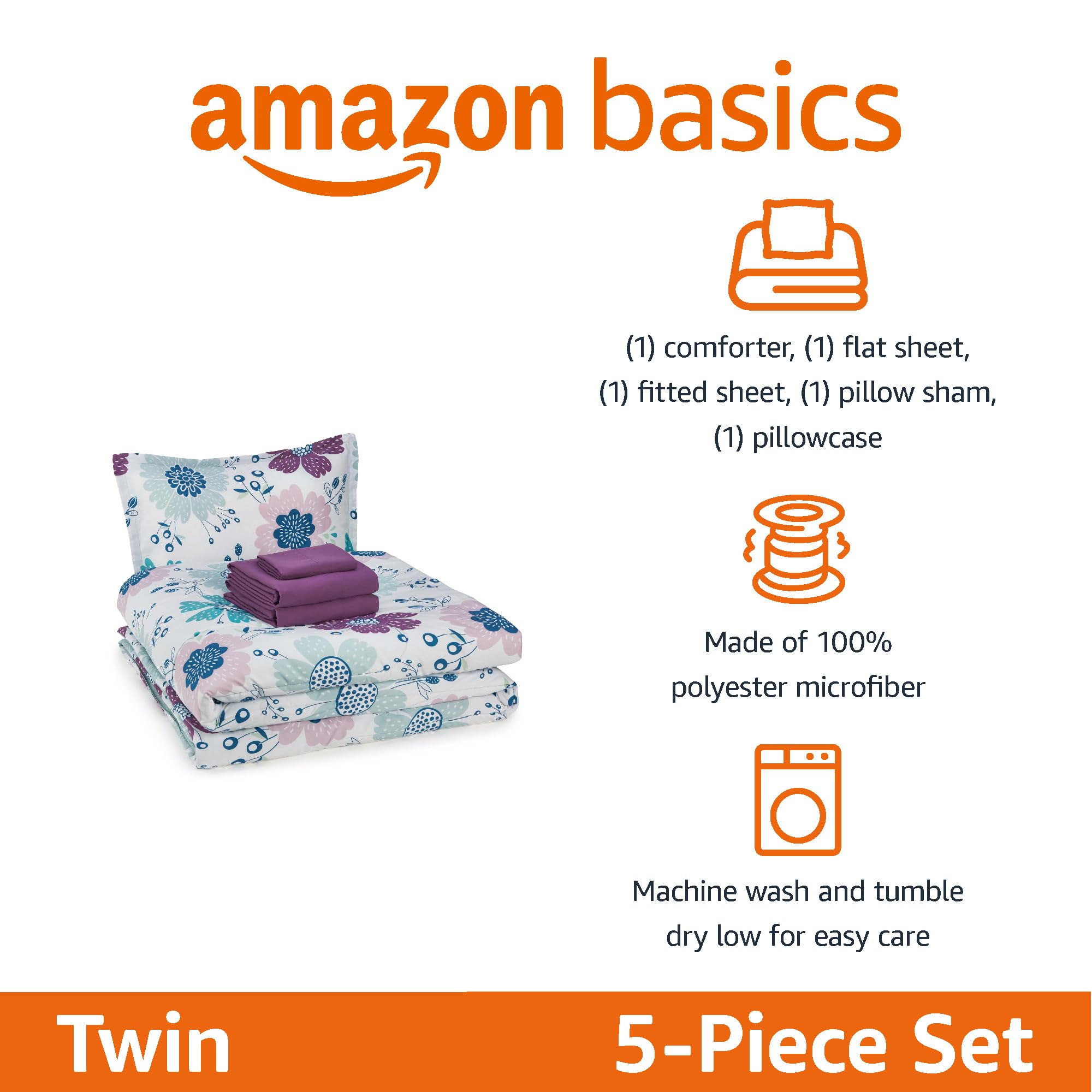 Amazon Basics twin flat sheet with Bluish Flowers print for playful bedrooms.