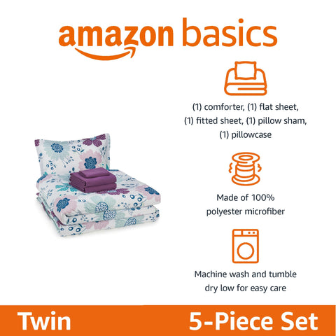 Amazon Basics twin flat sheet with Bluish Flowers print for playful bedrooms.