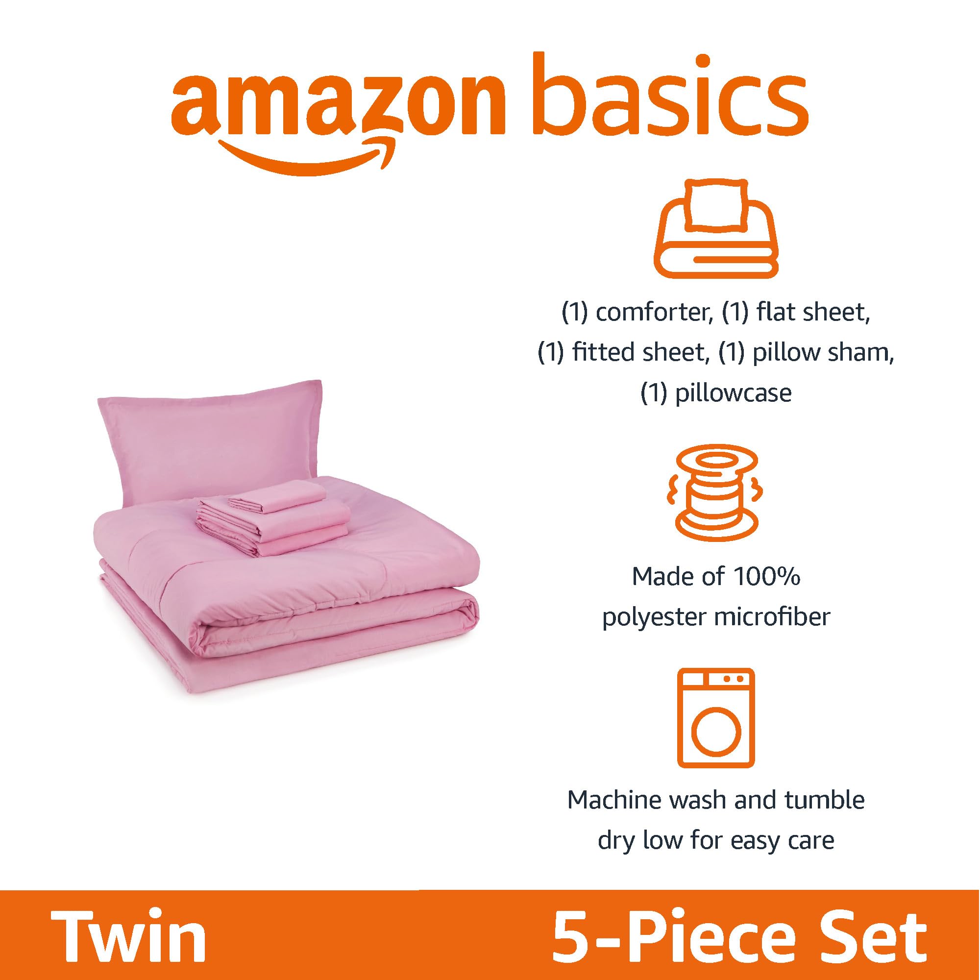 Amazon Basics twin pink comforter close-up showing soft microfiber finish for cozy nights