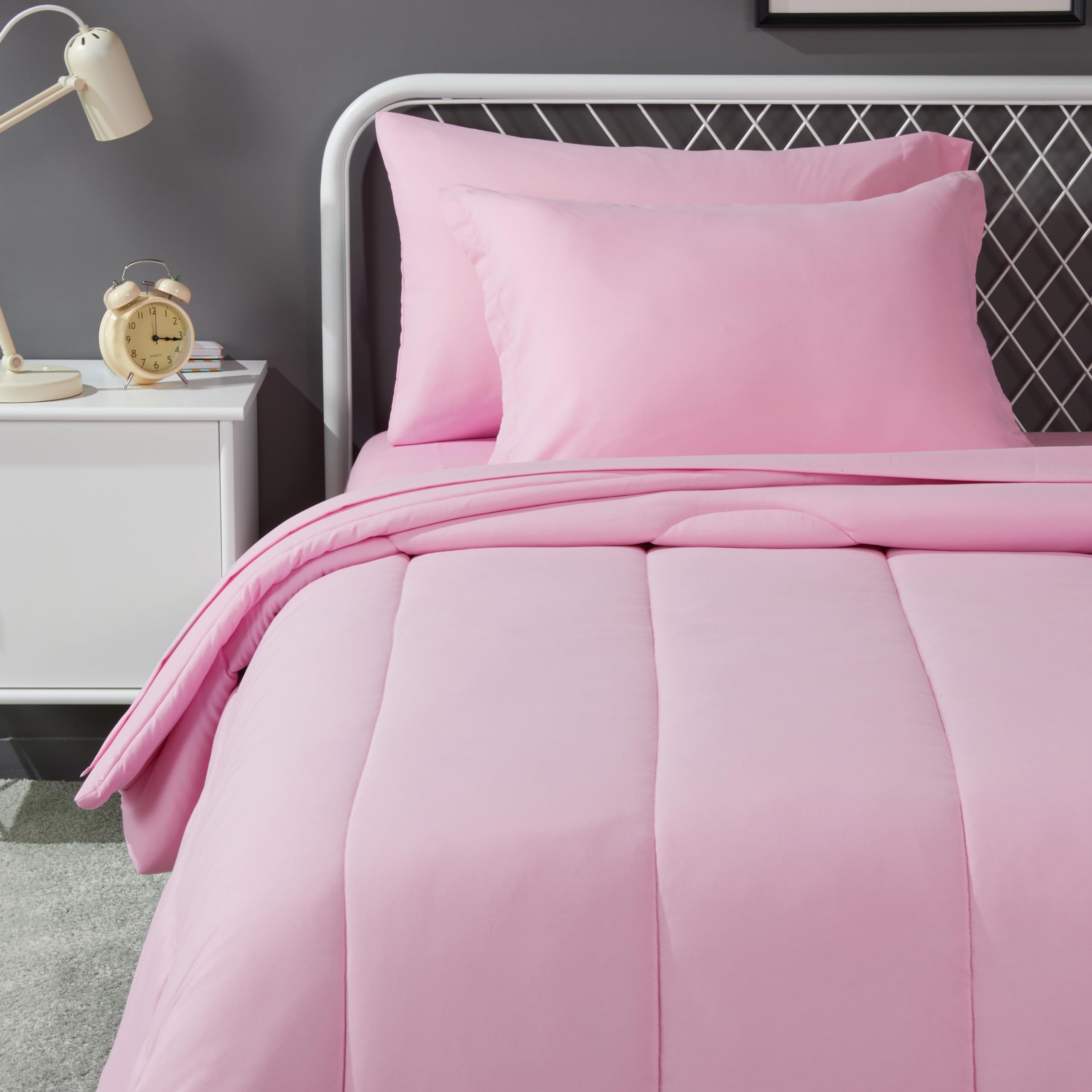 Amazon Basics bed-in-a-bag twin pink full set on a tidy kids bed for a quick room refresh