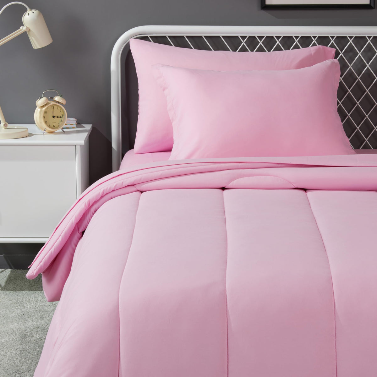 Amazon Basics bed-in-a-bag twin pink full set on a tidy kids bed for a quick room refresh