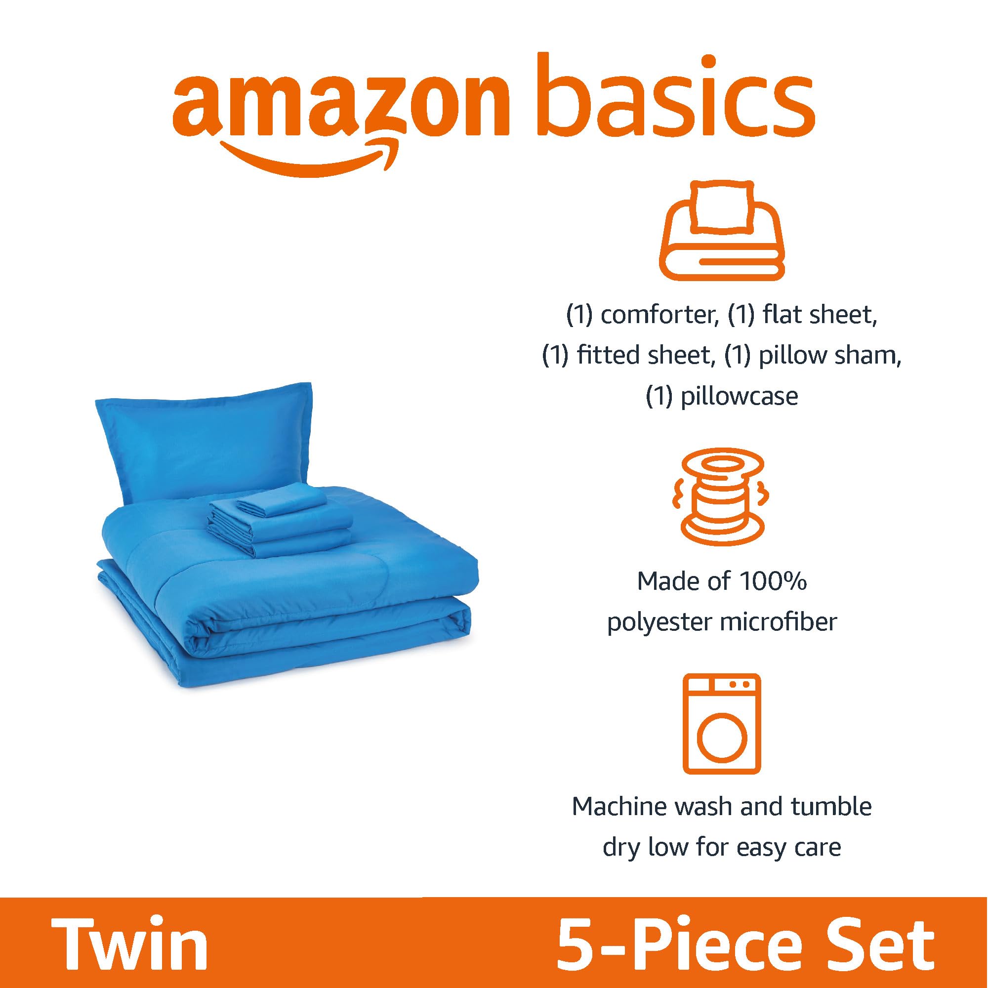 Amazon Basics kid's bed-in-a-bag twin blue flat sheet offers smooth, breathable comfort