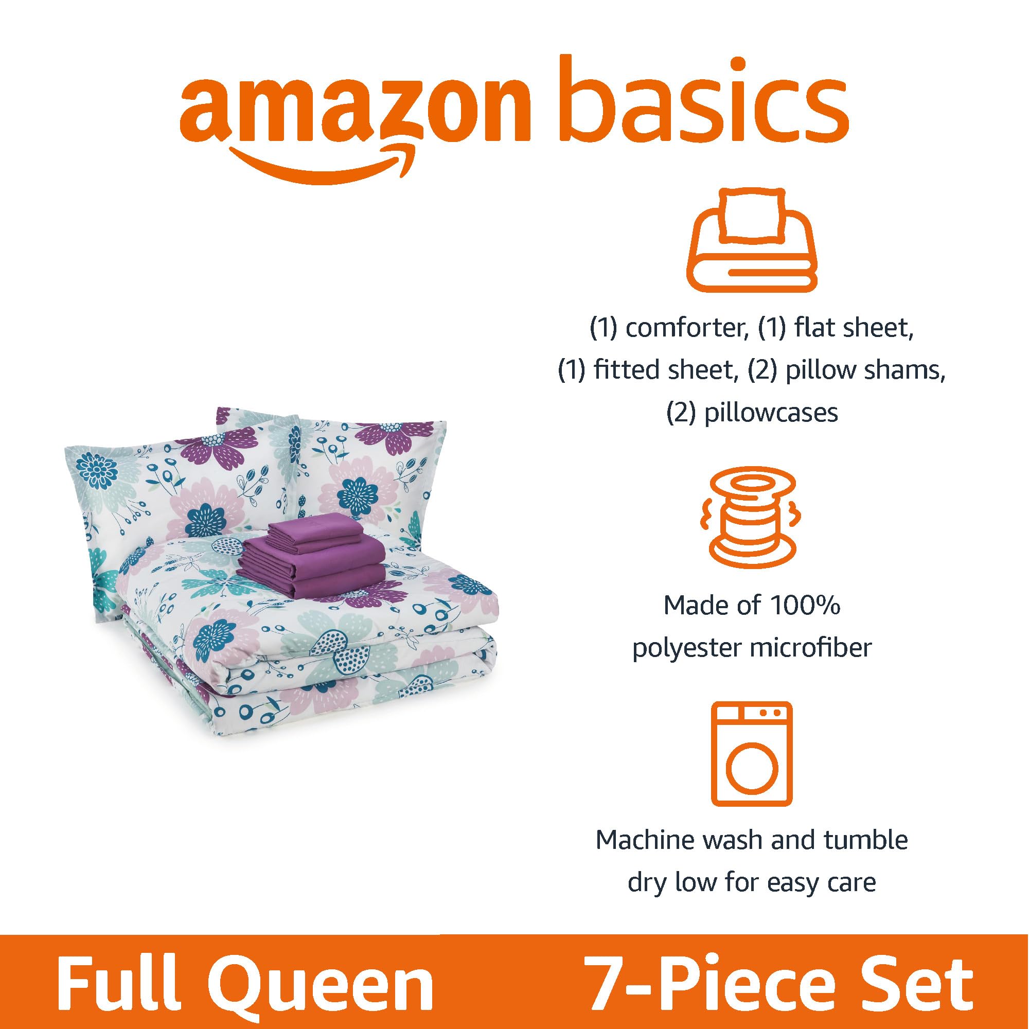 Amazon Basics flat sheet with bluish flowers adds smooth, easy-care comfort.