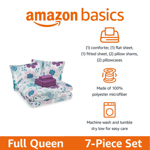 Amazon Basics flat sheet with bluish flowers adds smooth, easy-care comfort.