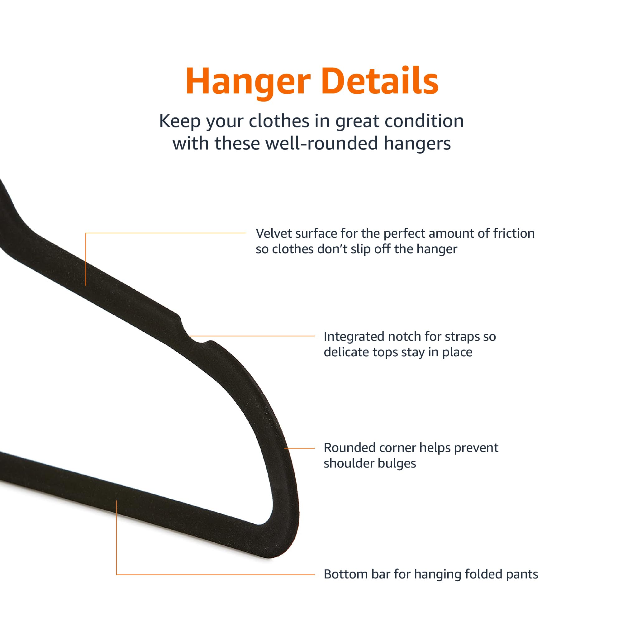Amazon Basics velvet hangers with durable frame supporting up to 10 pounds.