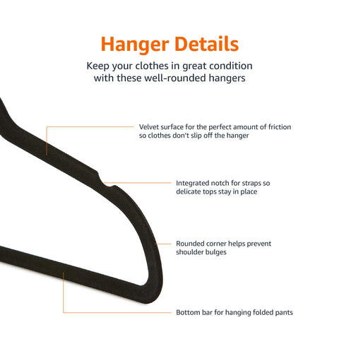 Amazon Basics velvet hangers with durable frame supporting up to 10 pounds.