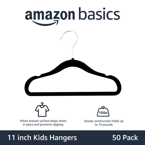 Amazon Basics kids velvet hangers show notched shoulders to keep straps from slipping.