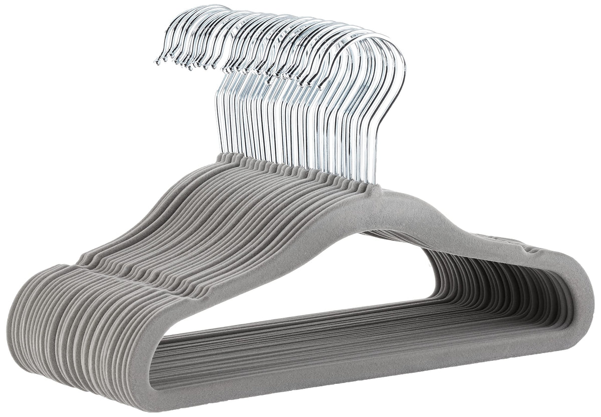 Amazon Basics kids velvet non-slip hangers keep toddler tops neatly in place.