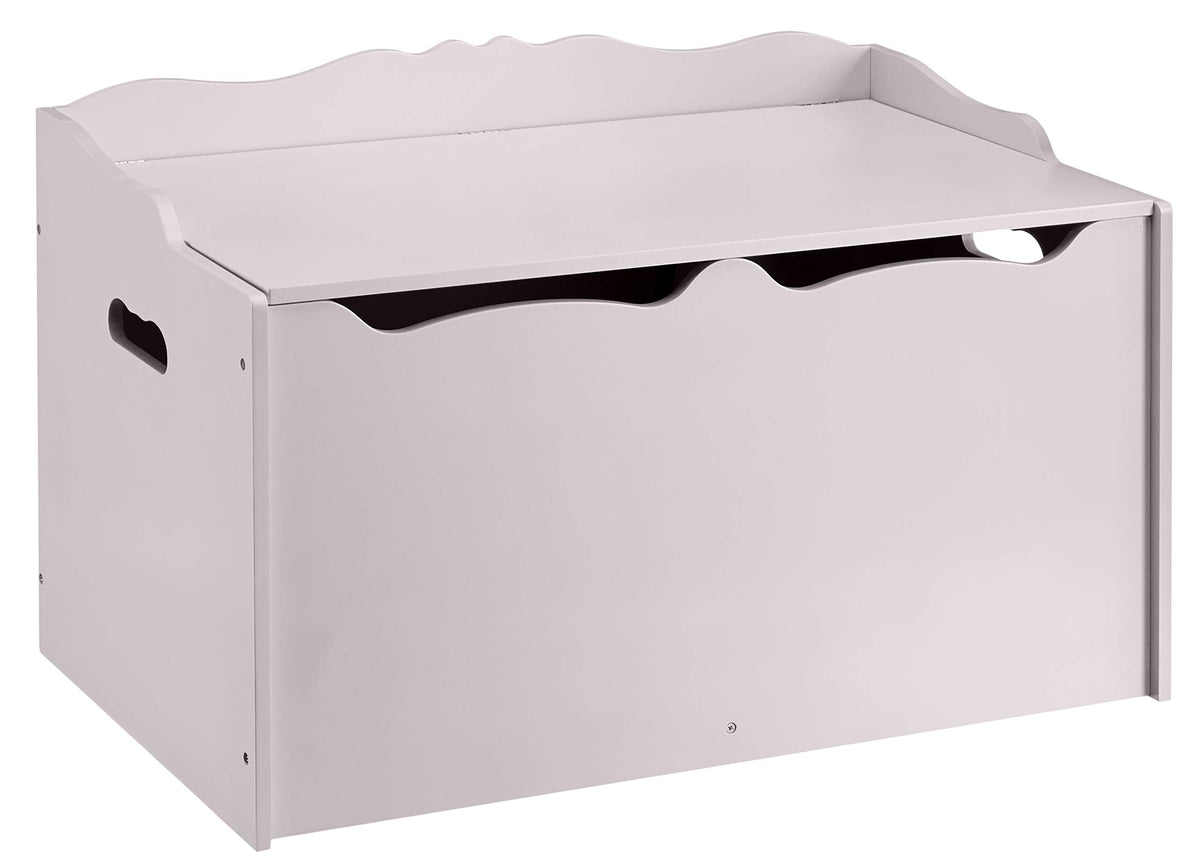 Amazon Basics Kids wooden toy storage chest, front view, keeps toys neatly organized