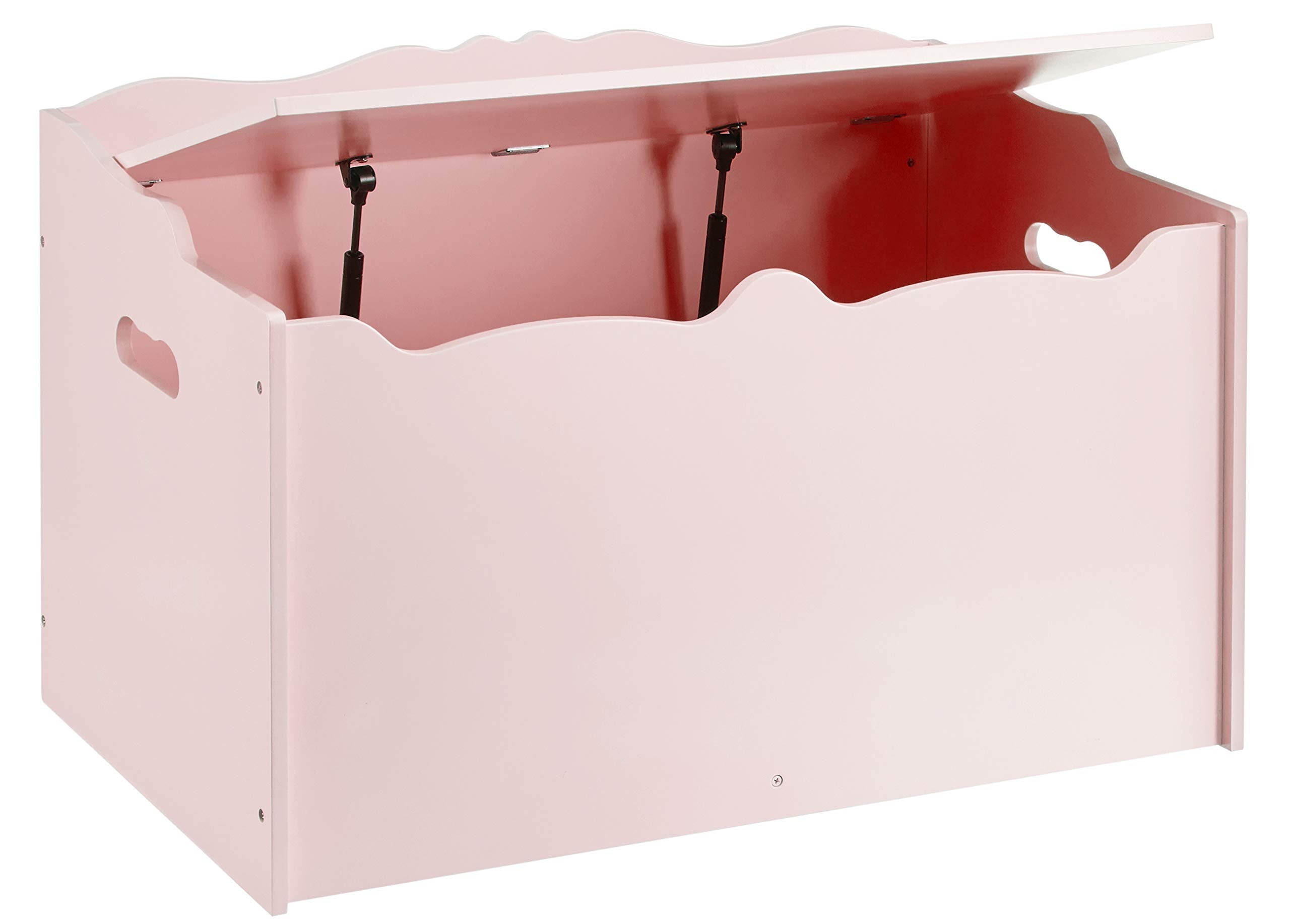 Amazon Basics pink toy chest closeup highlights smooth wood grain and durable construction.