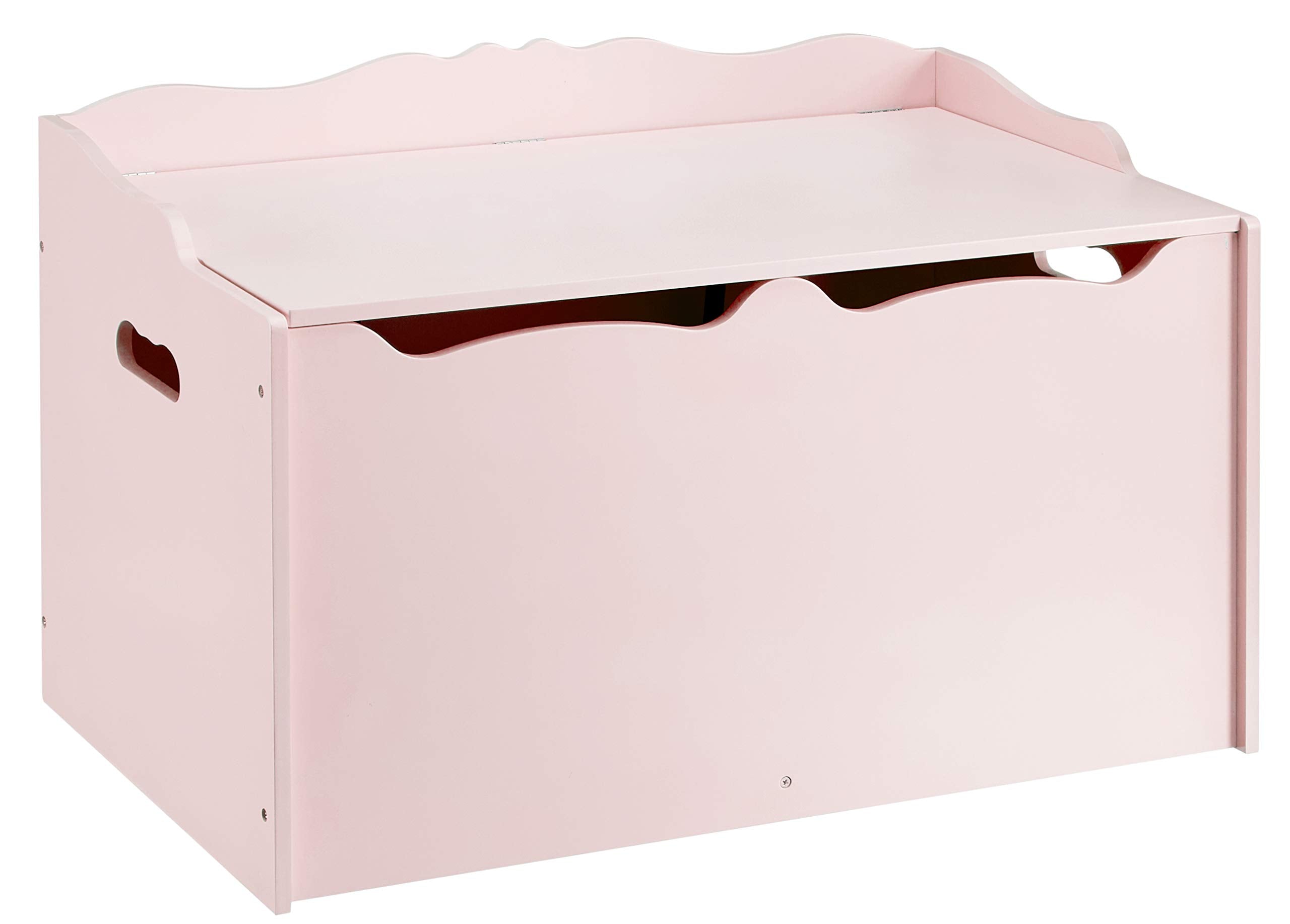 Amazon Basics kid's wooden toy chest with pink lid, ample storage for toys and books.