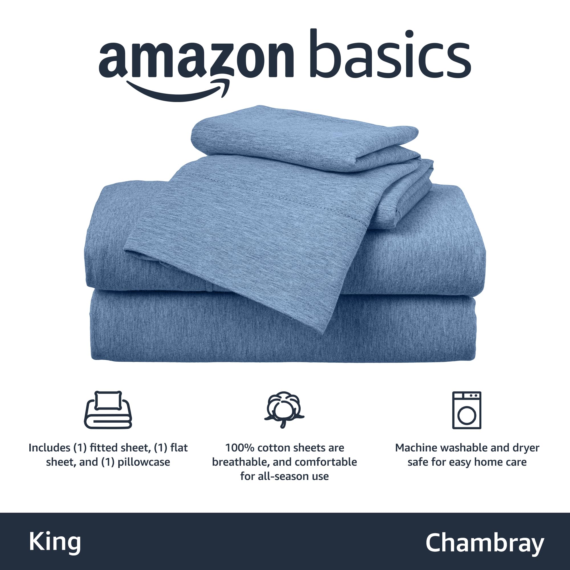 Amazon Basics king fitted sheet on mattress demonstrates secure stretch up to 14 inches.