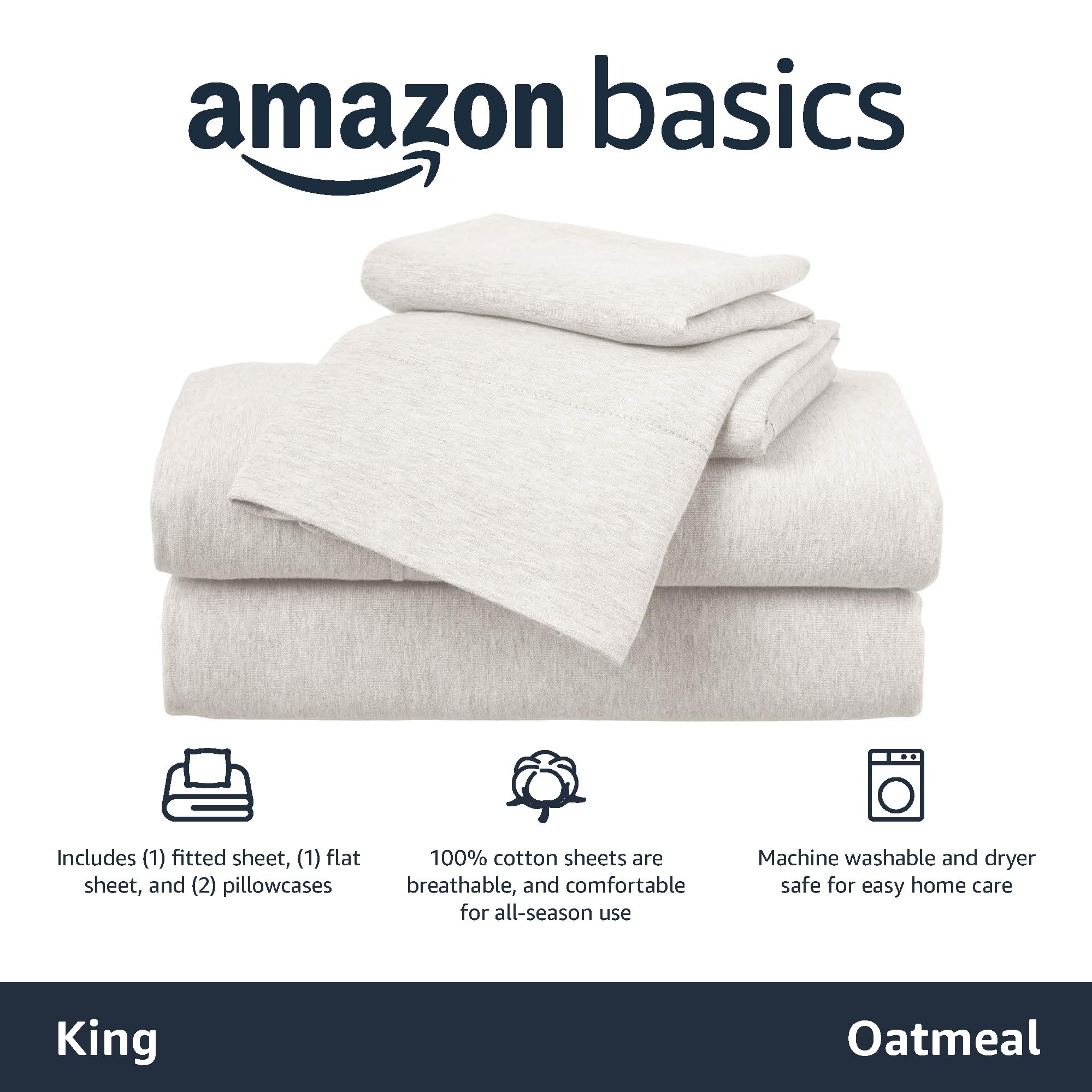 Amazon Basics oatmeal pillowcase stack highlighting soft, durable night-time use.