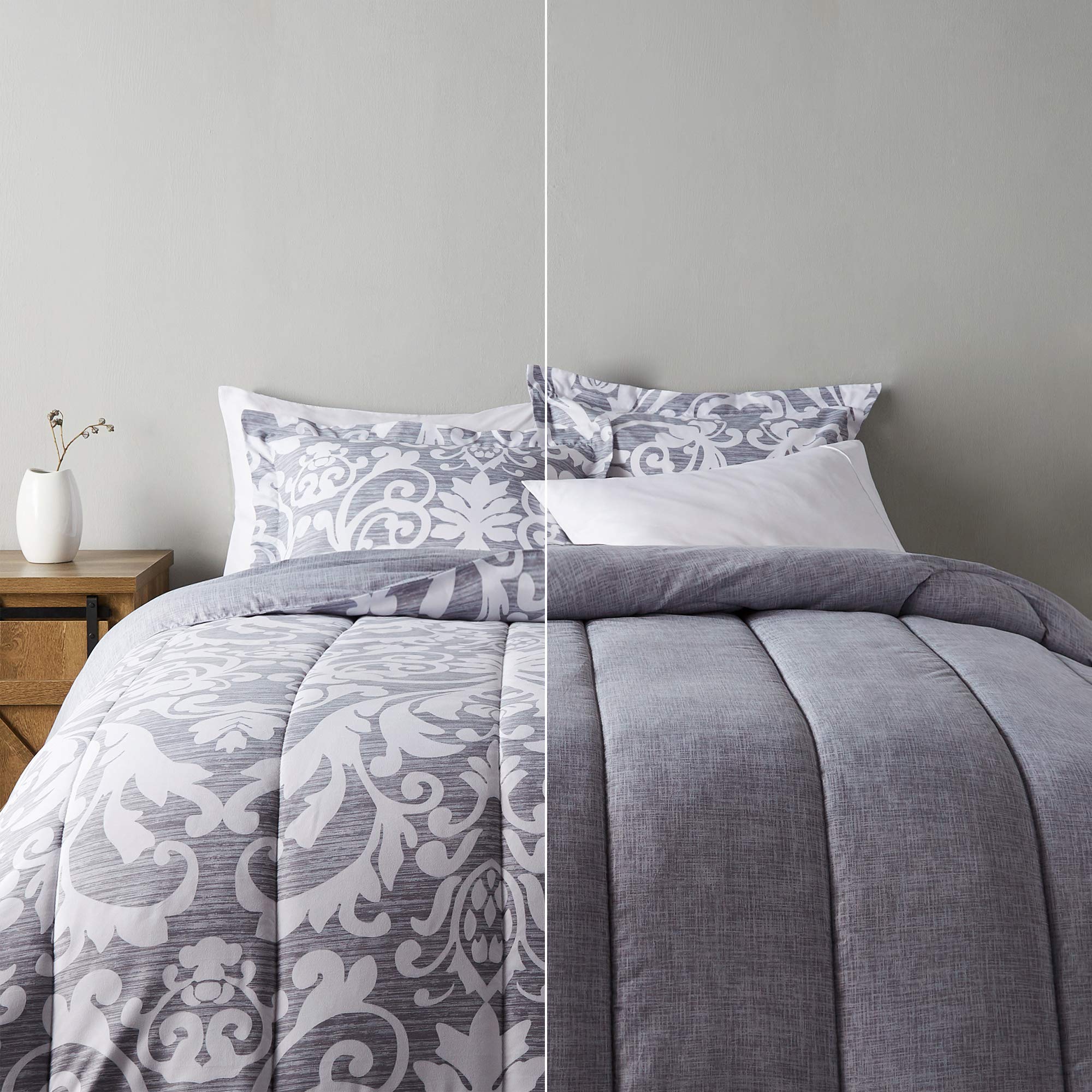 Amazon Basics king-size ultra-soft microfiber reversible comforter with gray medallion for cozy warmth.
