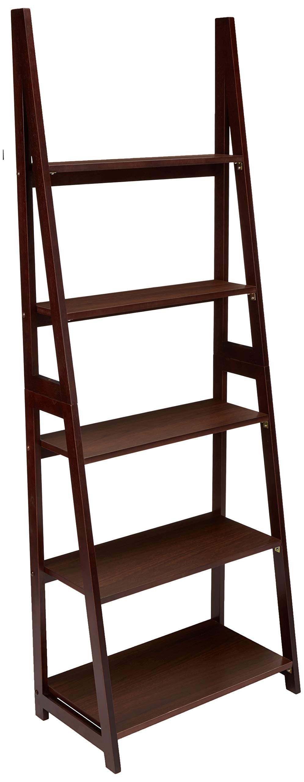 Amazon Basics ladder bookshelf espresso front view shows a sleek, modern storage solution.