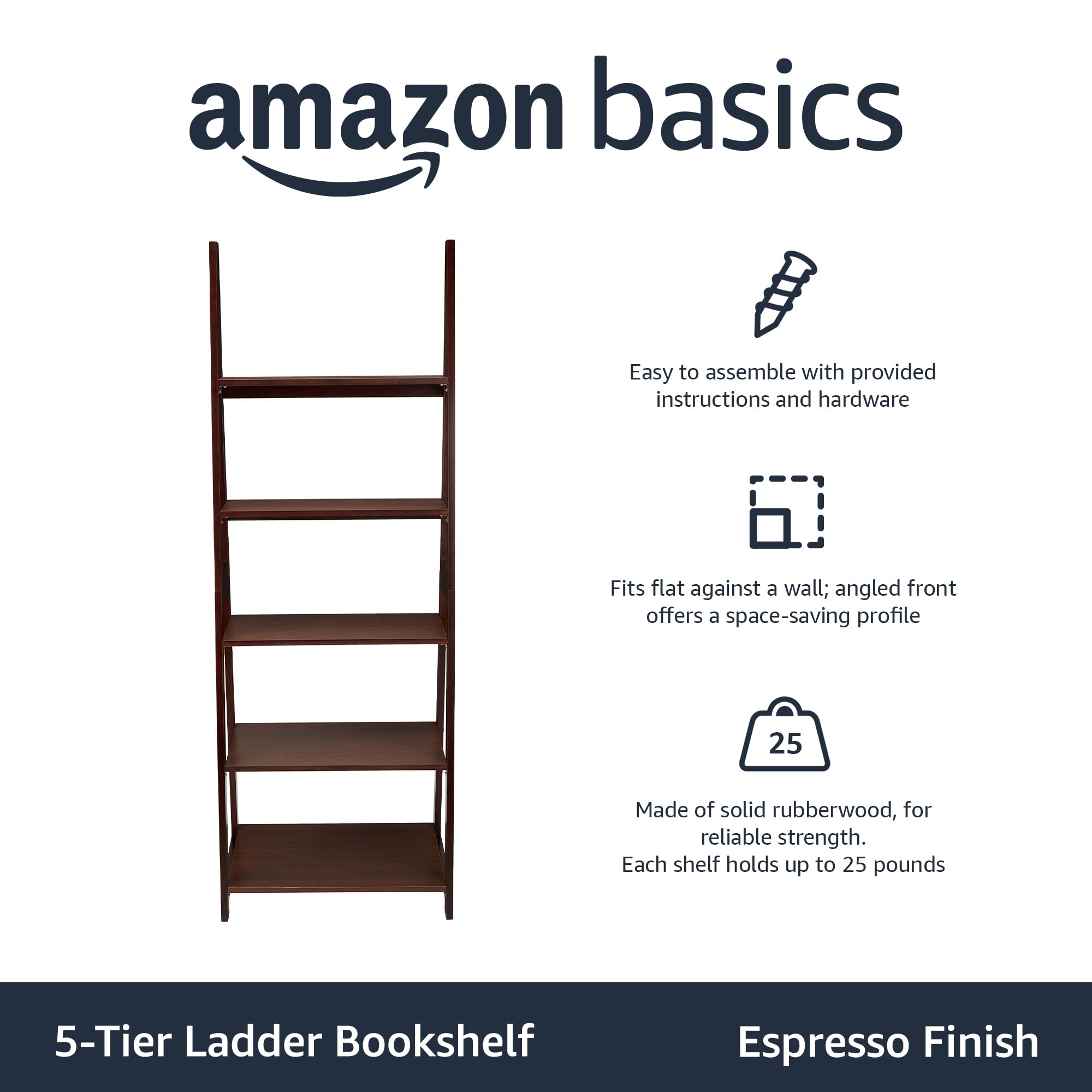 Amazon Basics ladder bookshelf espresso shelf detail highlights durable rubberwood construction.