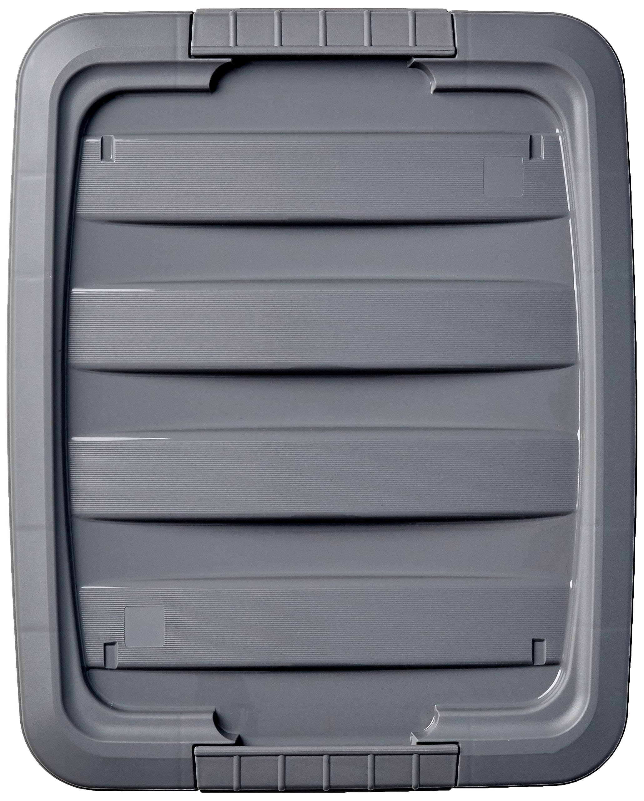 Amazon Basics plastic bin with latching lid protects contents from dust