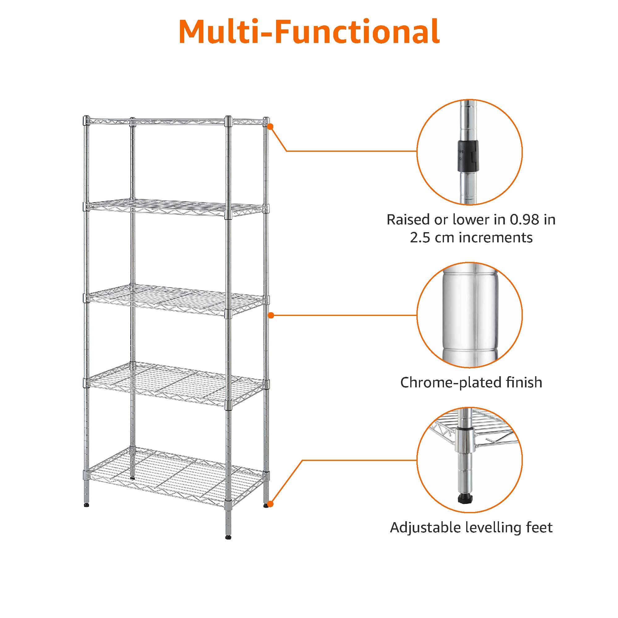 Four leveling feet keep the rack stable on uneven floors.