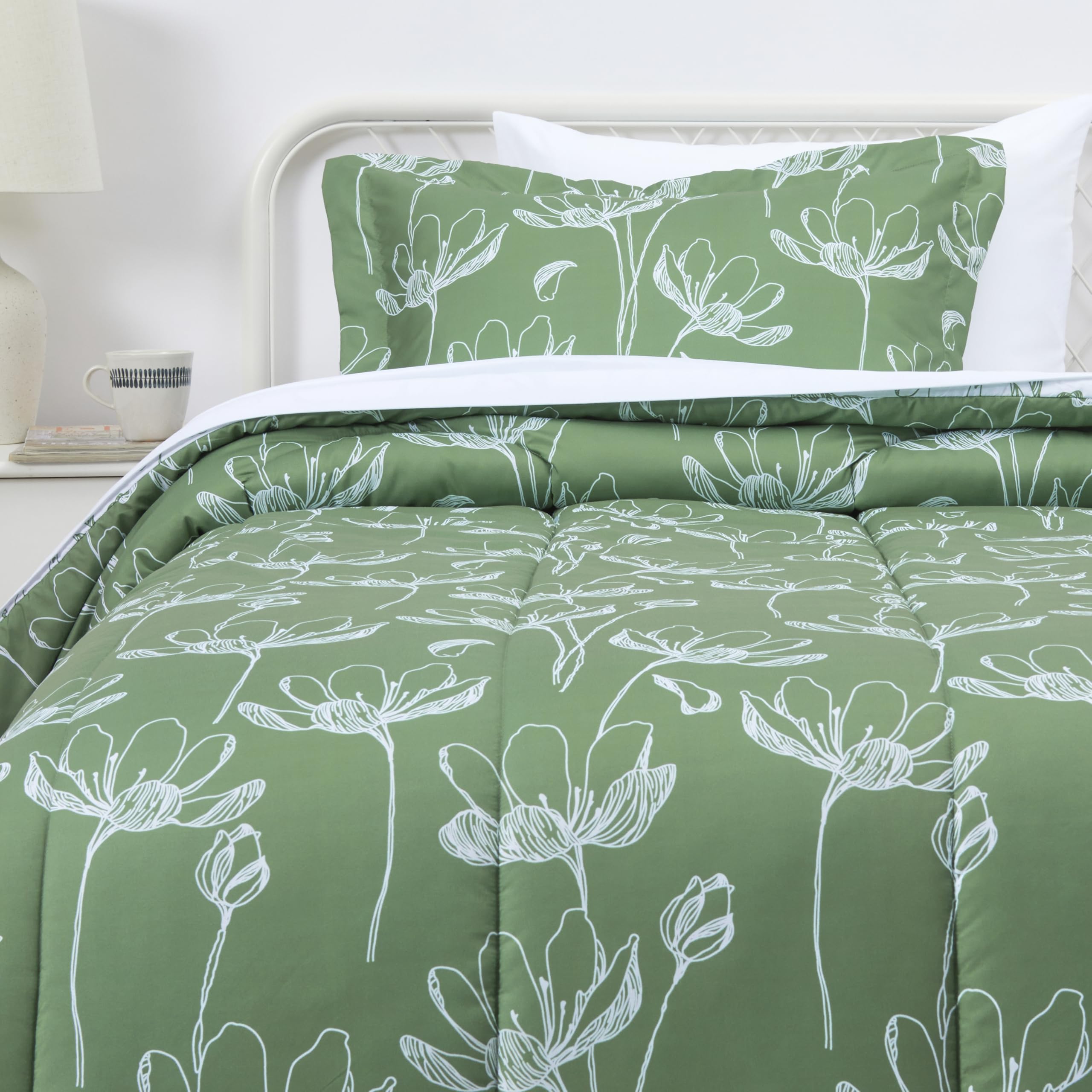 Amazon Basics lightweight microfiber comforter in green floral for all-season comfort