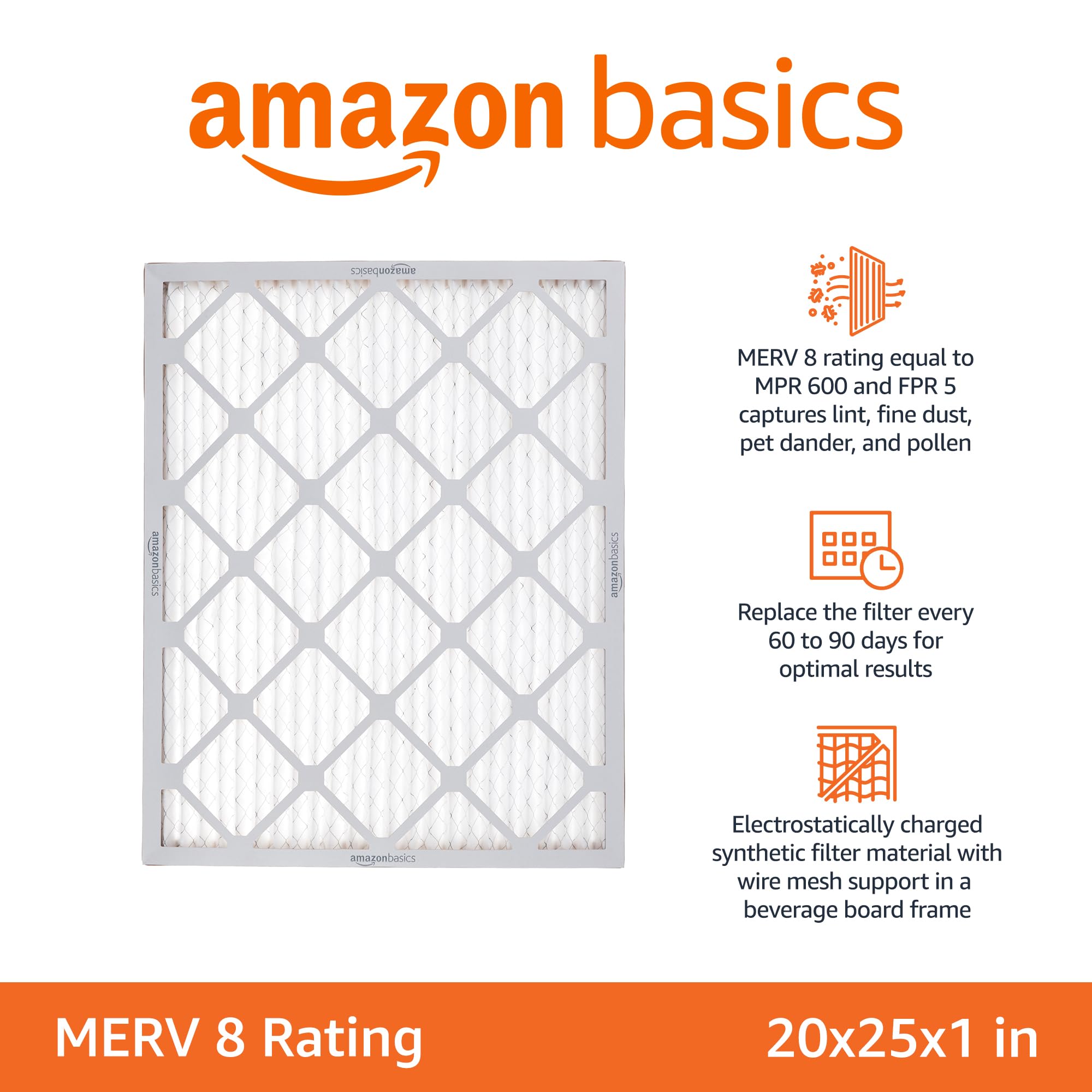 Amazon Basics MERV 8 filter captures dust and pollen for cleaner air
