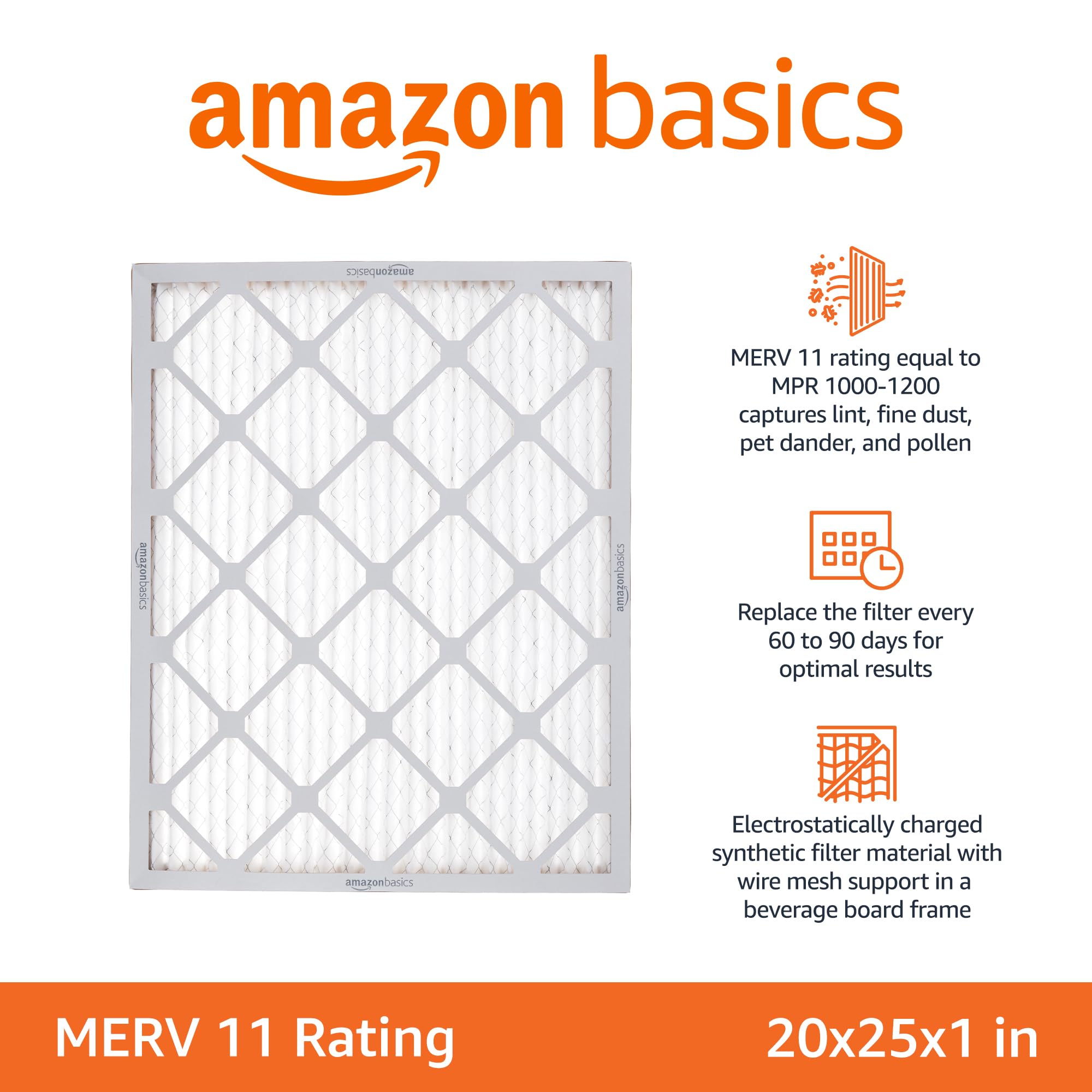 Amazon Basics MERV 11 air filter close-up shows filtration media.