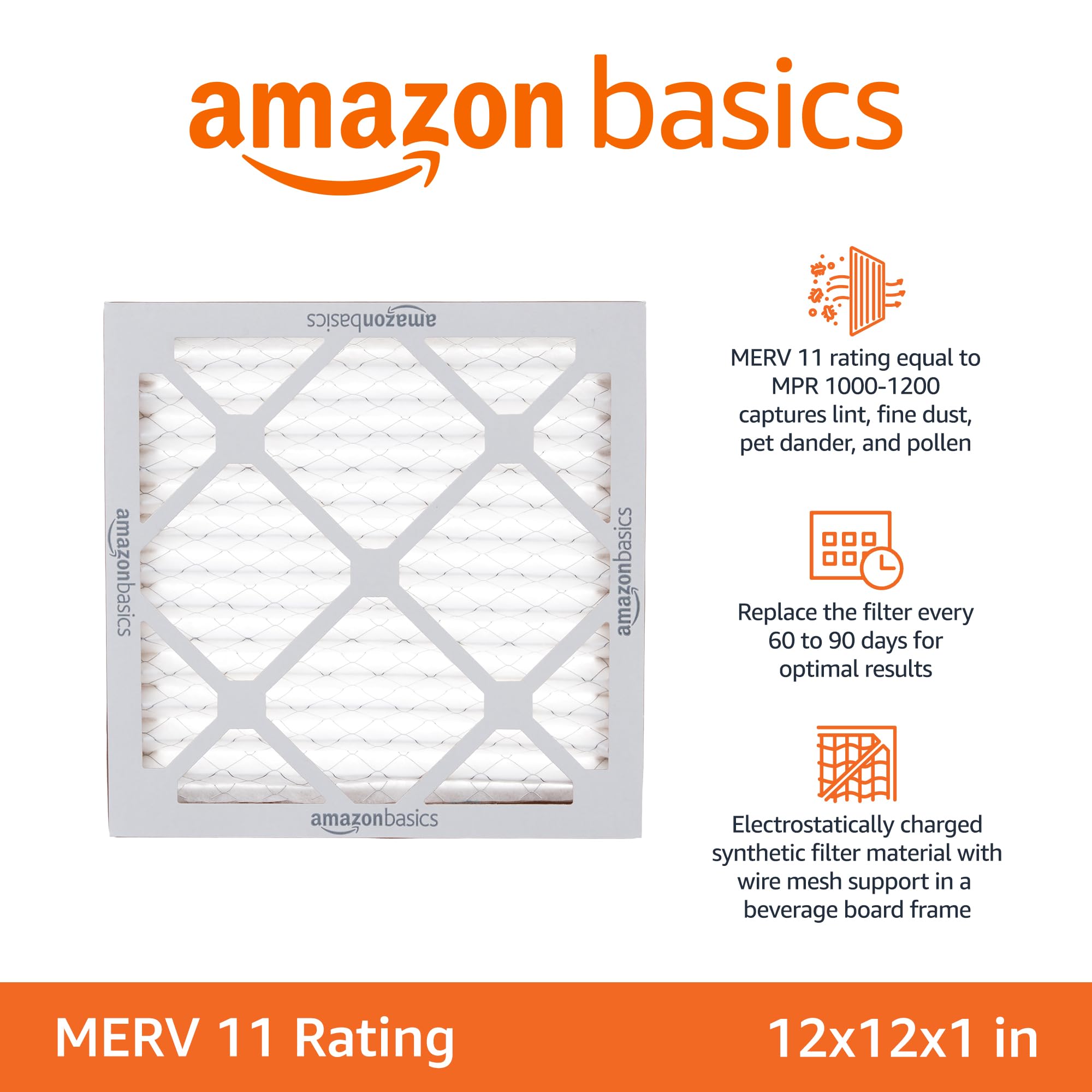 Amazon Basics MERV 11 filter side view highlighting sturdy frame.