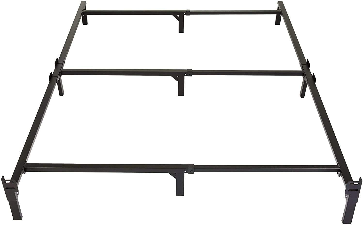 Amazon Basics metal bed frame with 9 legs provides sturdy king-size support.