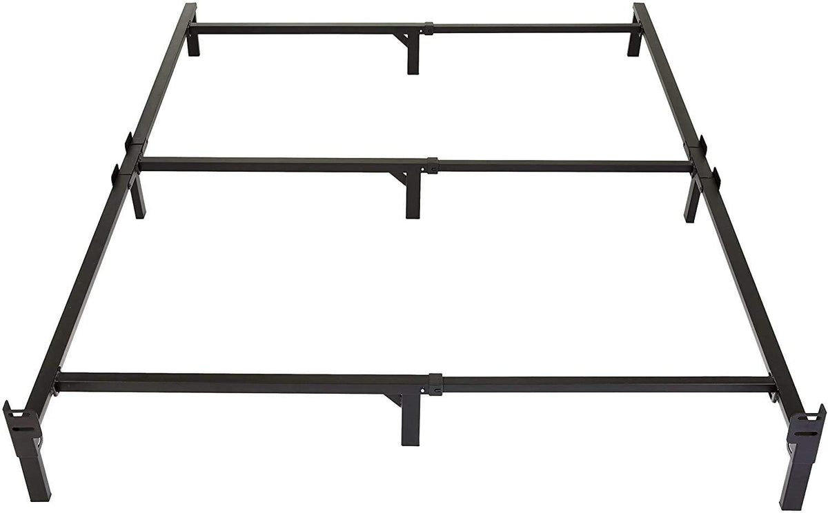 Amazon Basics metal bed frame with 9 legs provides sturdy king-size support.