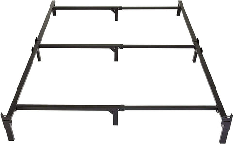 Amazon Basics metal bed frame with 9 legs provides sturdy king-size support.
