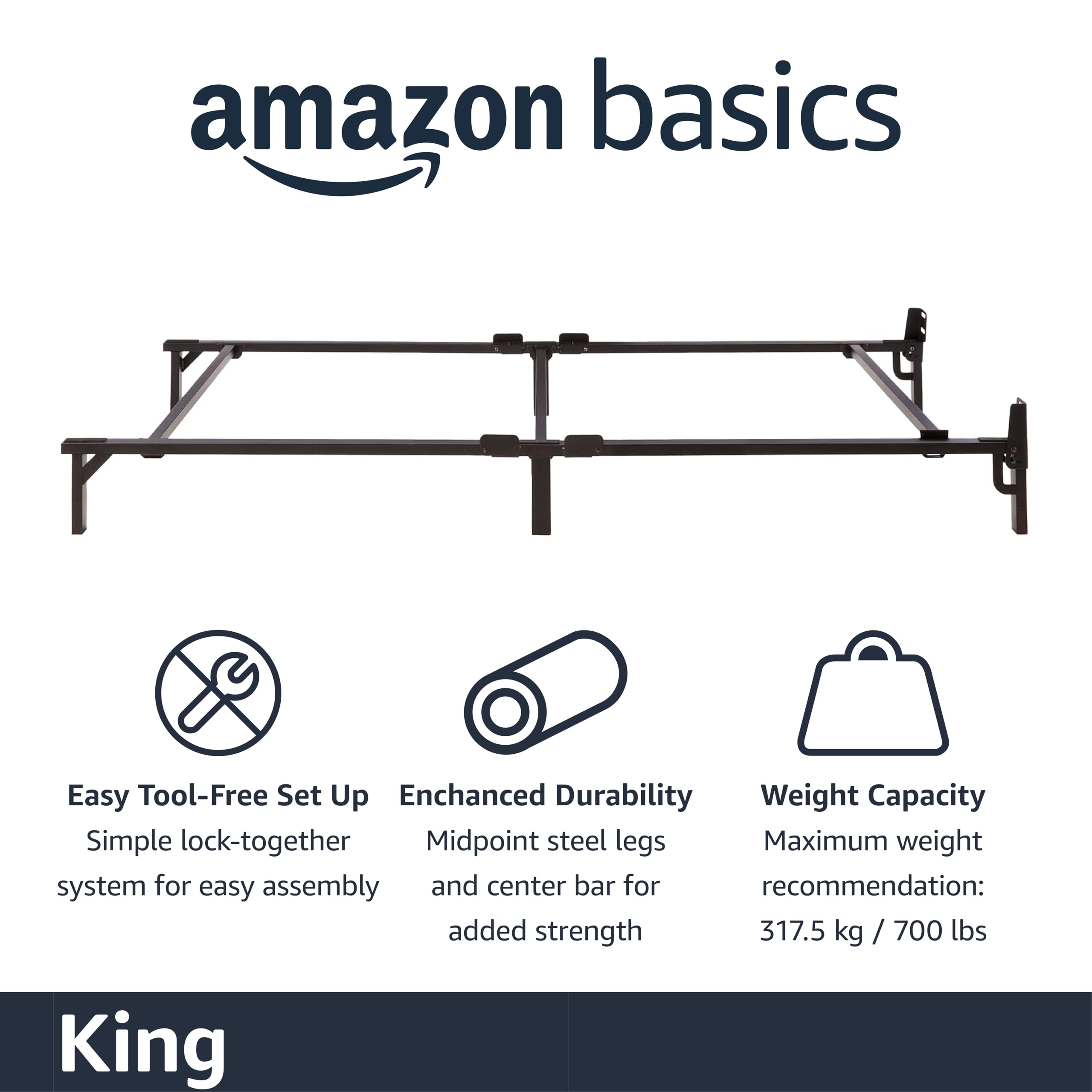 Amazon Basics bed frame demonstrates tool-free assembly for quick, easy setup.