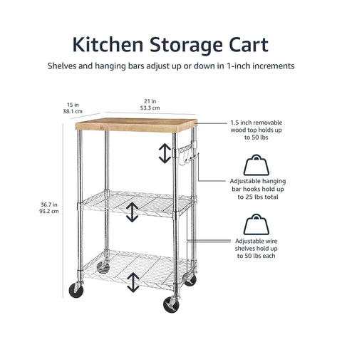 Versatile storage cart fits kitchen, office, or garage with locking casters.