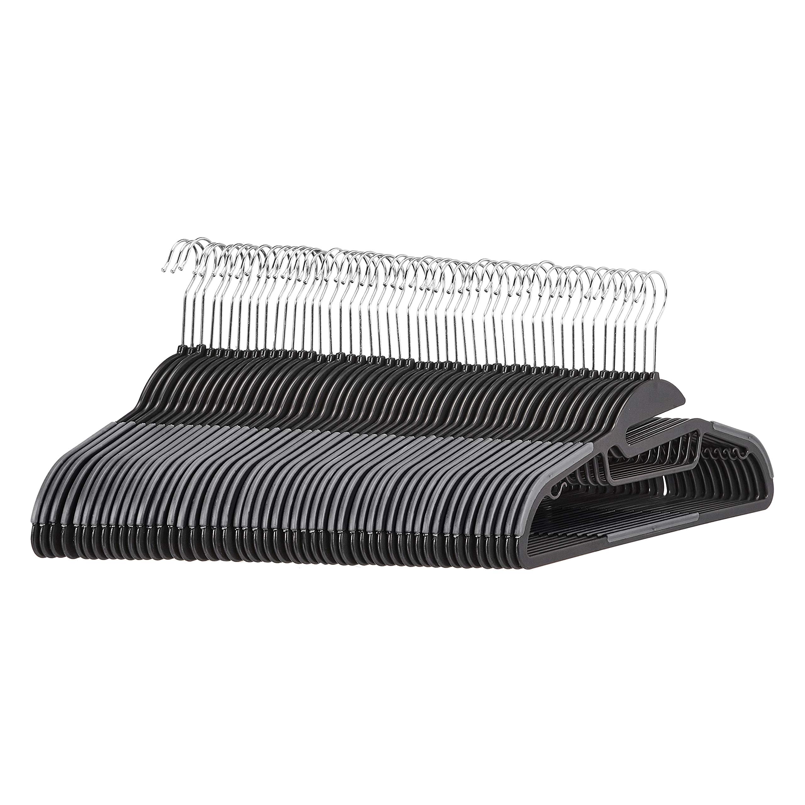 Amazon Basics non-slip hanger gray with horizontal bar keeps outfits neatly organized.