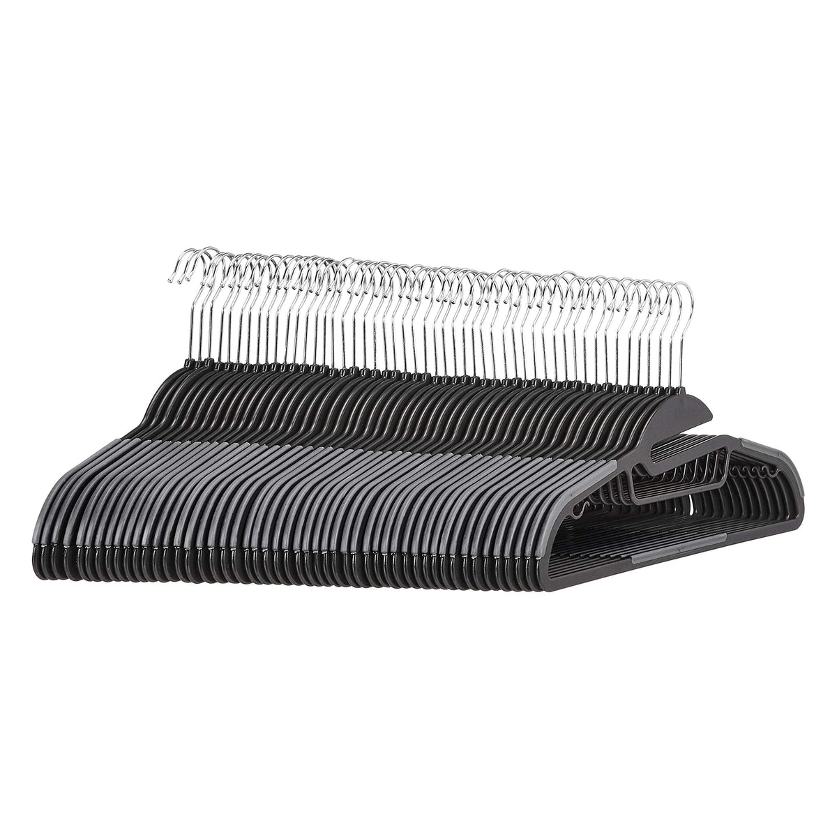 Amazon Basics non-slip hanger gray with horizontal bar keeps outfits neatly organized.