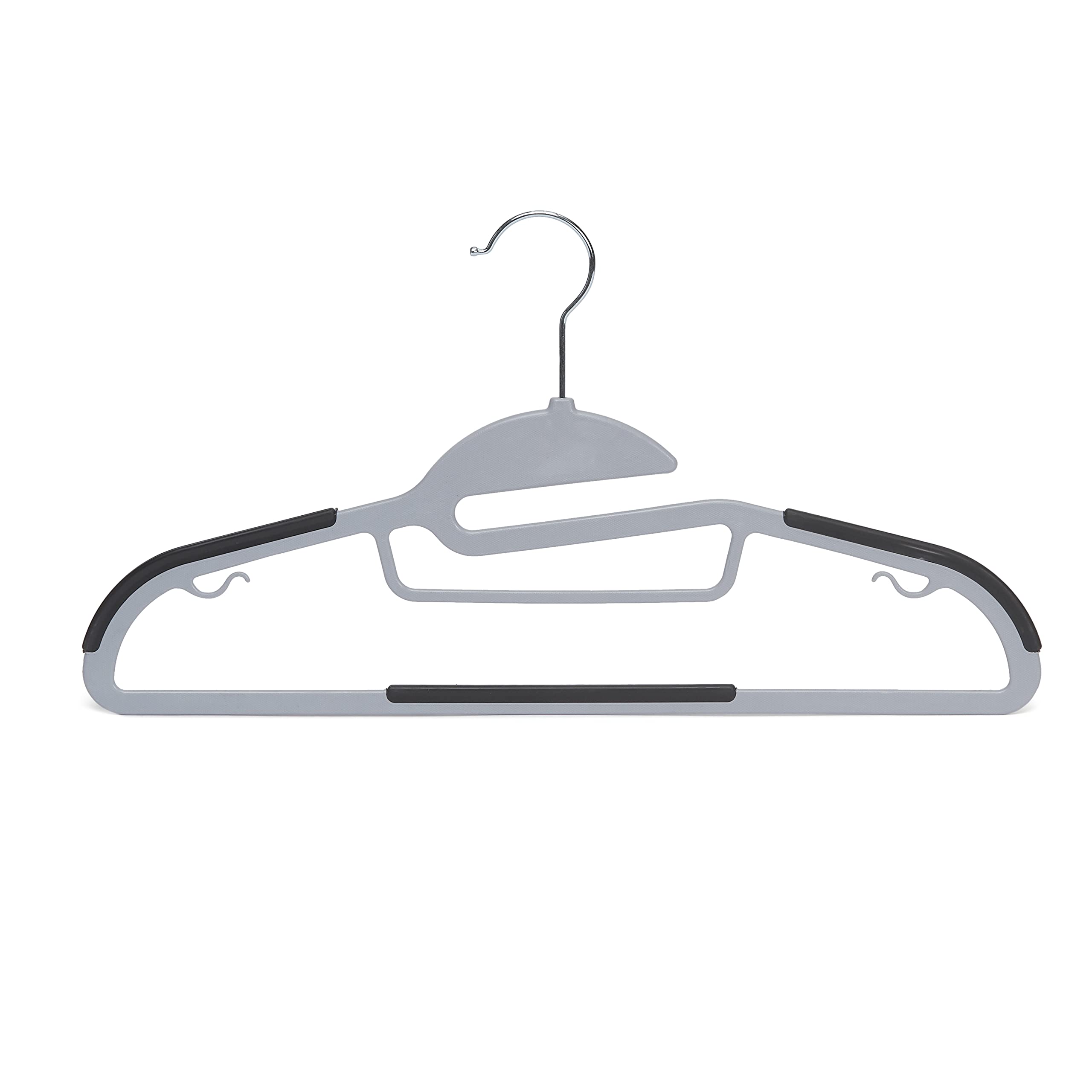 Amazon Basics gray hangers with nonslip rubber grips prevent slipping for blazers and shirts.