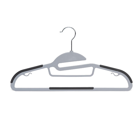 Amazon Basics gray hangers with nonslip rubber grips prevent slipping for blazers and shirts.