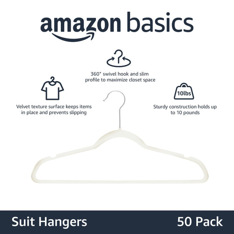 Amazon Basics velvet hanger shows notched shoulders for strap protection.