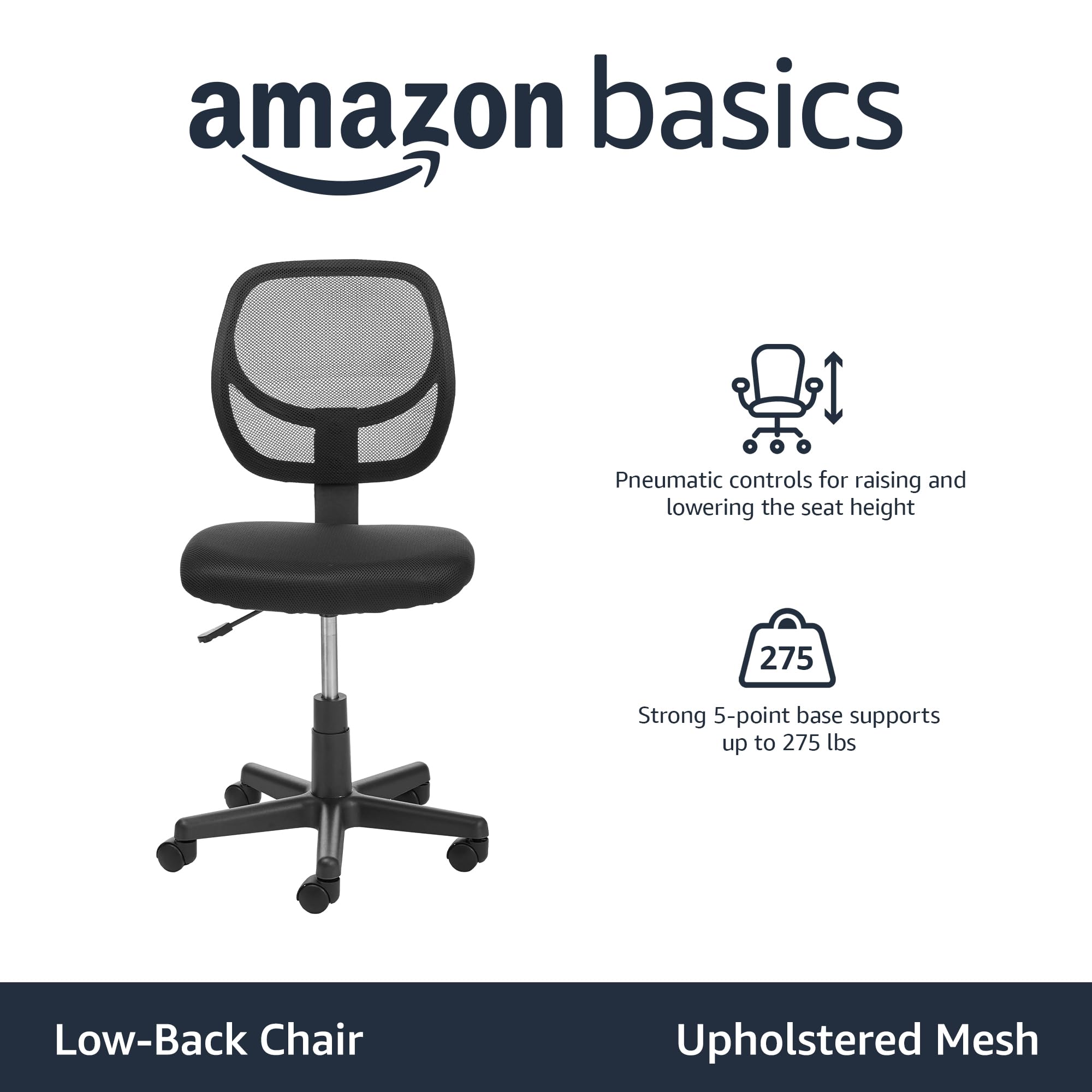 Amazon Basics office chair showing height-adjustable pneumatic seat for personalized comfort.