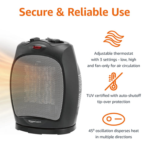 Amazon Basics heater controls panel shows adjustable settings for easy comfort