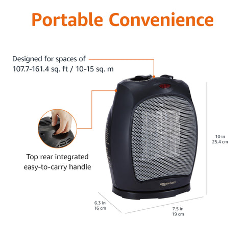 Amazon Basics heater side angle highlights compact, portable design